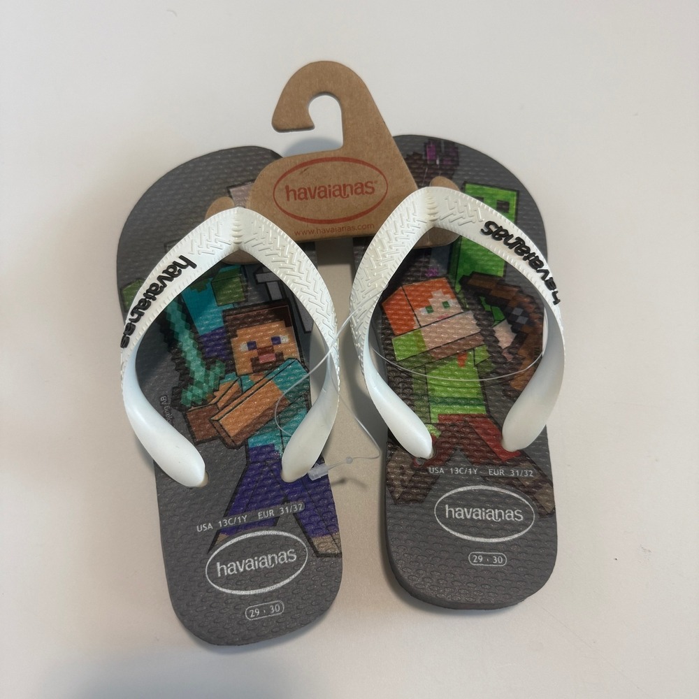 NEW Havaianas Kids Minecraft Flip Flops Gray Steel White 4145125 Size 13C/1Y